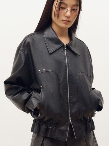 Vegan Leather Shirring Cropped Jacket [Black] - doffsept - Modalova