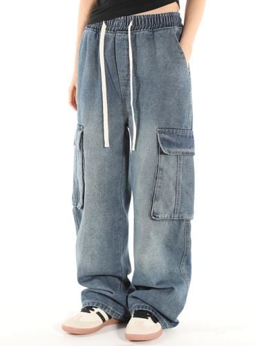 Stitch Wide Cargo Denim Pants [Blue] - FANACULT - Modalova