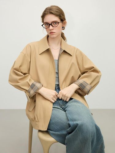 Plaid Cuffs Cotton-Polyester Lightweight Jacket [Beige] - We’Dee - Modalova