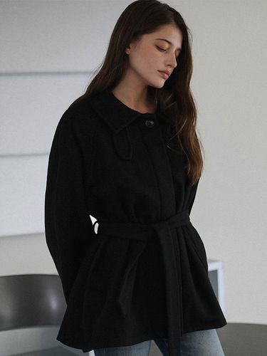 Belted High Neck Half Coat [Black] - DEHEVE - Modalova