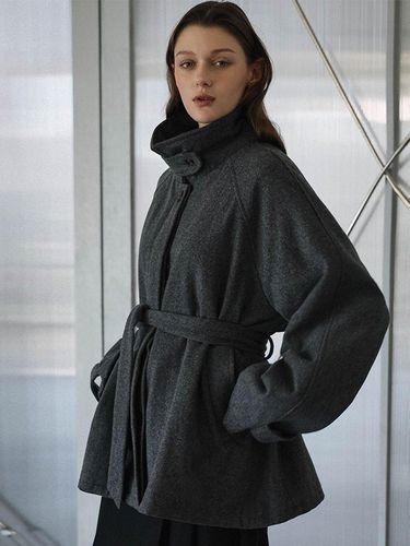 Belted High Neck Half Coat [Charcoal] - DEHEVE - Modalova