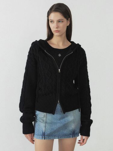 Wool cable zip-up hooded cardigan_BLACK - CITYBREEZE - Modalova