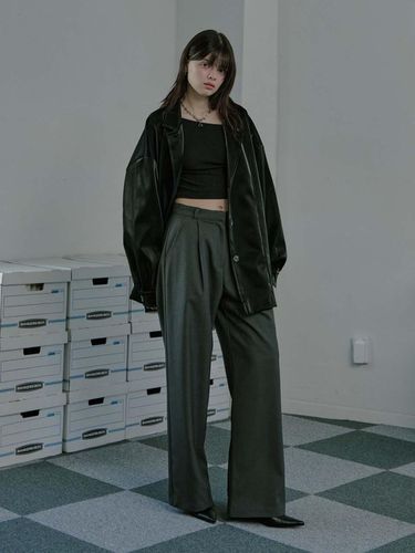 Wool Blend semi wide pants Charcoal - moire moa - Modalova