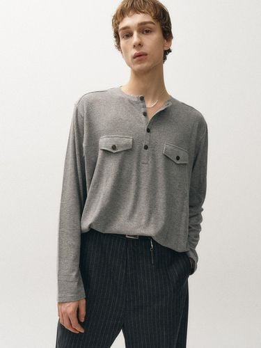 Ribbed Henley Neck Long Sleeve T-shirt [Gray] - NOIRER - Modalova