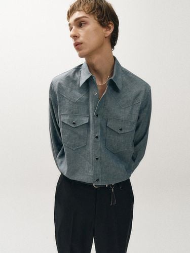 Western Herringbone Cotton-Linen Chambray Shirt [Blue] - NOIRER - Modalova