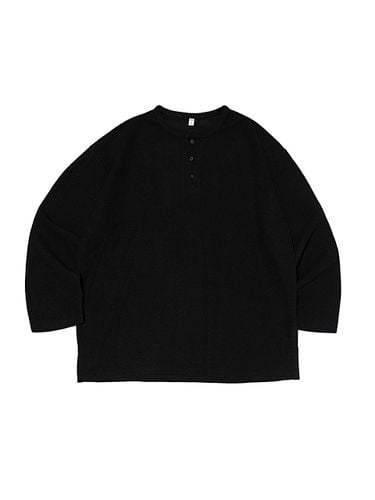 Henley Neck Waffle Texture Oversized Long Sleeve T-shirt [Black] - OTHERFITS - Modalova