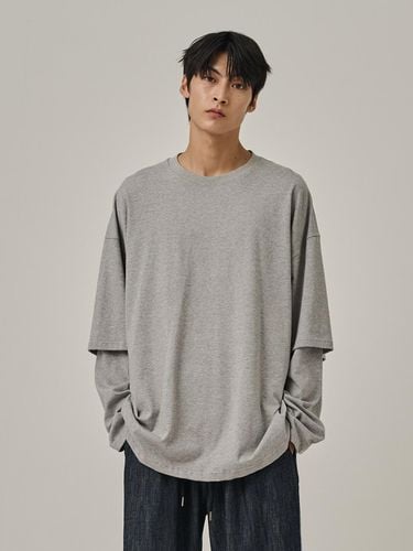 Layered Oversized Long Sleeve Cotton T-shirt [Gray] - Analogmood - Modalova