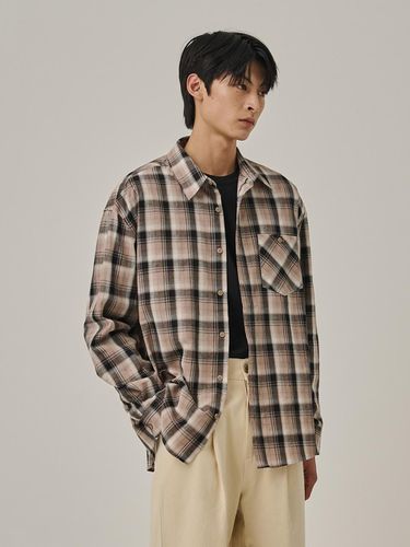 Vintage Ombre Check Semi-Overfit Cotton Shirt [Beige] - Analogmood - Modalova