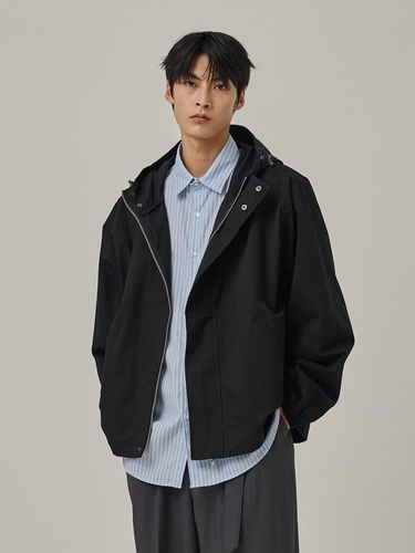 Hooded Cotton Vintage Windbreaker Jacket [Black] - Analogmood - Modalova