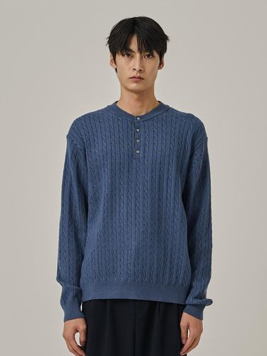 Washable cable Henley neck knitwear T-shirt (blue) - Analogmood - Modalova