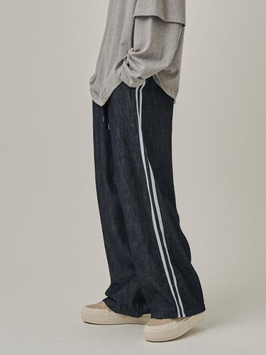 Linen track wide denim pants (navy) - Analogmood - Modalova