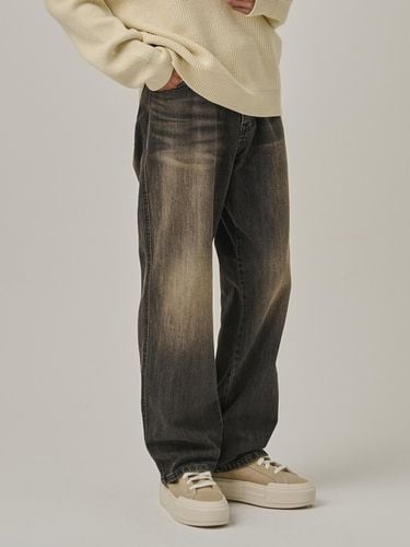 Sand-washed Semi-wide Cotton Denim Pants [Dark Blue] - Analogmood - Modalova