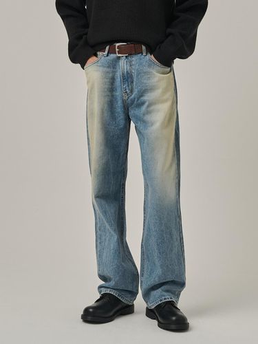 Snow-washed Semi-straight Cotton Denim Pants [Medium Blue] - Analogmood - Modalova