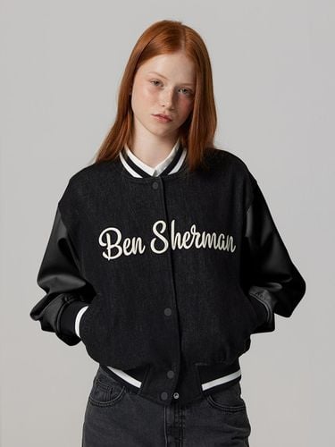 Women's Embroidery Logo Denim Varsity Jacket Black - bensherman - Modalova