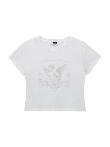 Cupid Scratch Graphic Semi-Crop Cotton T-shirt [Beige] - ULKIN - Modalova