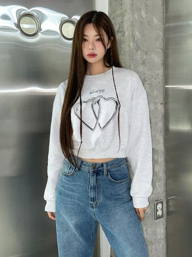 Two Heart Silver Ring Crop Sweatshirt 2color - ACOVER - Modalova