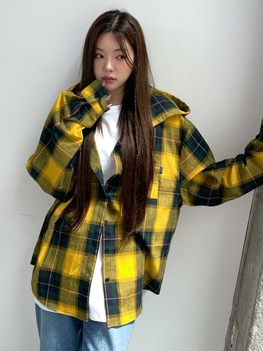 Oversized Fit Flannel Checked Hooded Shirt 2color - ACOVER - Modalova