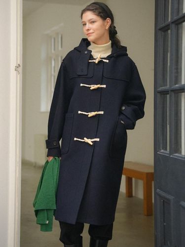 Hooded Wool Duffle Midi Coat _ Navy - TILLIDIE - Modalova