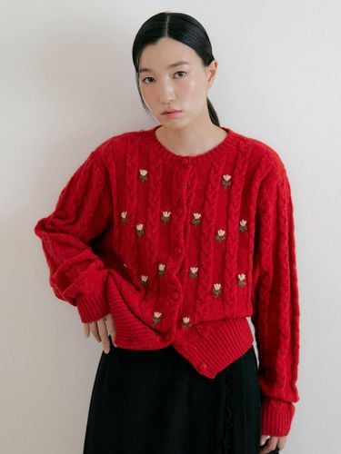 Flower Wool Knit Cardigan [RED] - Lucirzu - Modalova