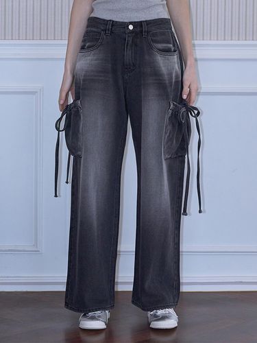 Ribbon Wide Denim Pants [Black] - Rosefrantz - Modalova