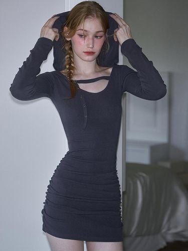 Eyelet Hood Shirring Mini Dress [Charcoal] - Rosefrantz - Modalova