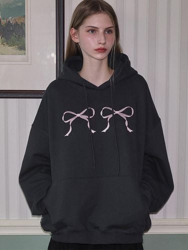 Twin Ribbon Embroidery Hoodie [Charcoal] - Rosefrantz - Modalova