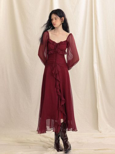 Burgundy Red Ruffle Long Dress - Sincethen - Modalova