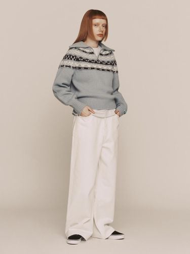 Wool Wide Collar Pattern Half-zip Relaxed Fit Sweater - INSTANTFUNK - Modalova