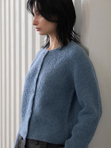 Wool Blend Round Neck Boucle Knit Cardigan Skyblue - 320SHOWROOM - Modalova