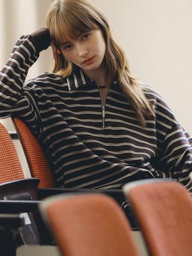 Stripe Loose Fit Half Zip-up Sweatshirt [Brown] - ANEDIT - Modalova