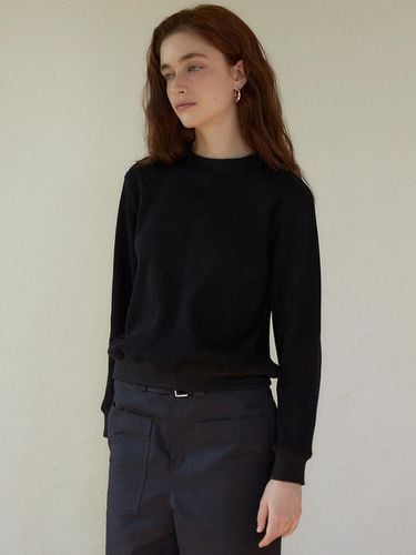 Waffle Textured Round Neck Top [Black] - LARGO - Modalova