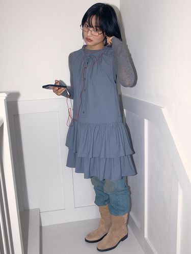 CHECK HOODED RUFFLE DRESS_BLUE - CELITAILS - Modalova