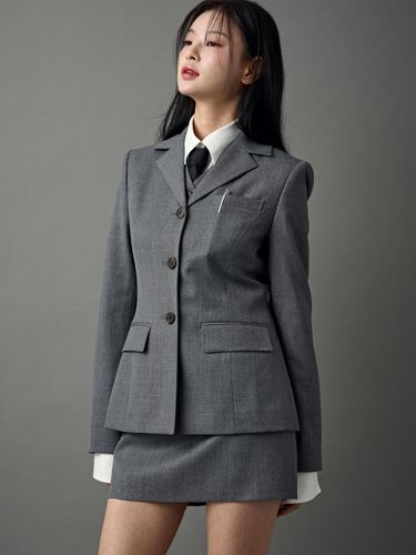 Wool Fitted 3 button jacket (Grey) - CHOCHOU - Modalova