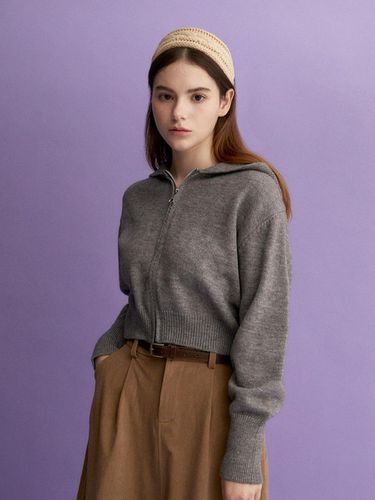 Cropped Hooded Zip Up Cardigan (MELANGE GRAY) - koolkitten - Modalova