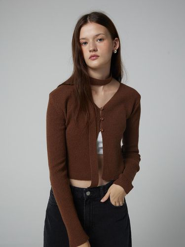 Ribbed V-neck open cardigan_brown - adit - Modalova