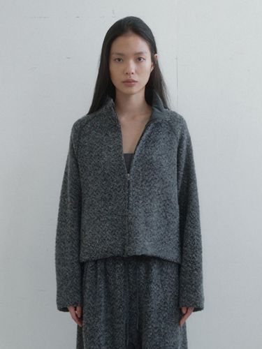 Korean Wool Blend Fur Zip-up Jumper [Charcoal] - Monochrome - Modalova