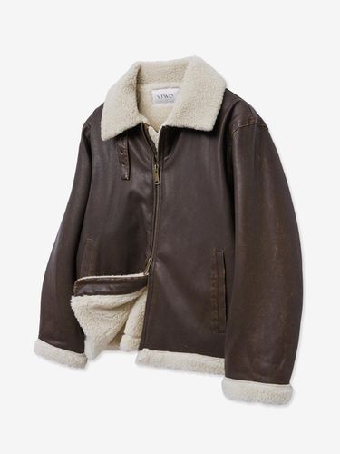 Vintage Coated Leather Wool Shearling Oversized Jacket [Brown] (70293) - V2 - Modalova