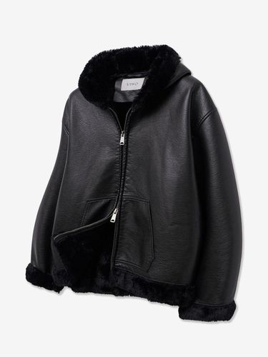 Washed Leather Hooded Oversized Vintage Jacket [Black] (8224) - V2 - Modalova