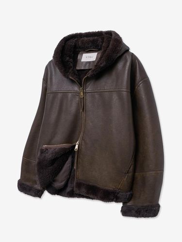 Vintage Coated Leather Hooded Fur Jacket [Brown] (8222) - V2 - Modalova