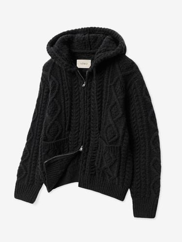 Wool Brushed Cable Two-Way Hooded Zip-Up Knit [Black] - V2 - Modalova