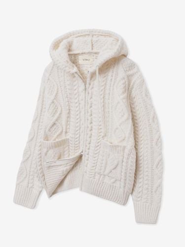 Wool Brushed Cable Two-Way Hooded Zip-Up Knit [Cream] - V2 - Modalova