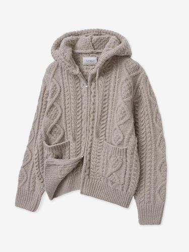 Wool Brushed Cable Two-Way Hooded Zip-Up Knit [Beige] - V2 - Modalova