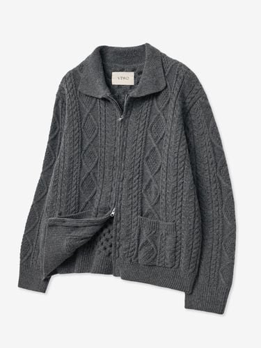 Cable Two-way Collar Knit Zip-up Jacket [Charcoal] - V2 - Modalova