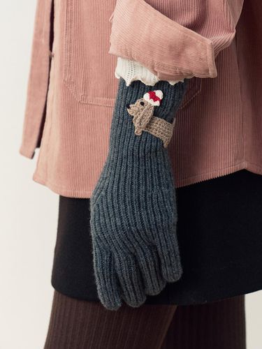 Merino Wool Ribbed Dog Applique Knit Gloves [/Melange Gray] - AND YOU - Modalova