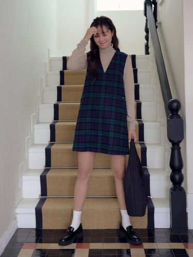 Wool Blend Check Mini Dress [Green] - DEPOUND - Modalova