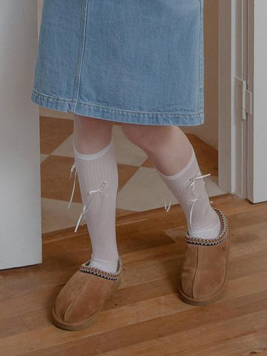 Cotton Blend Ribbon Knee Socks [Beige] - mellotory - Modalova