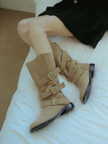 Side Open Belted Mid-Calf Boots [Beige] (ljh5008) - fri fla - Modalova