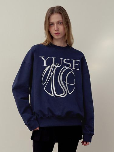 Hand-Embroidered Cotton Fleece Boxy Sweatshirt [Navy] - YUSE - Modalova