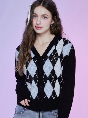 Pale Argyle Free-size Cardigan [Black] - MOONFAIRY - Modalova