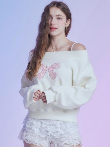 Ribbon Off-Shoulder Fleece-Lined Sweatshirt [Cream] - MOONFAIRY - Modalova